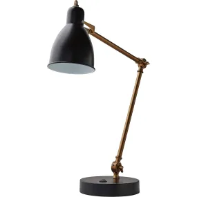 Adjustable Task Table Lamp with USB Port, Bulb Included, 28.5"H , Black and Brass