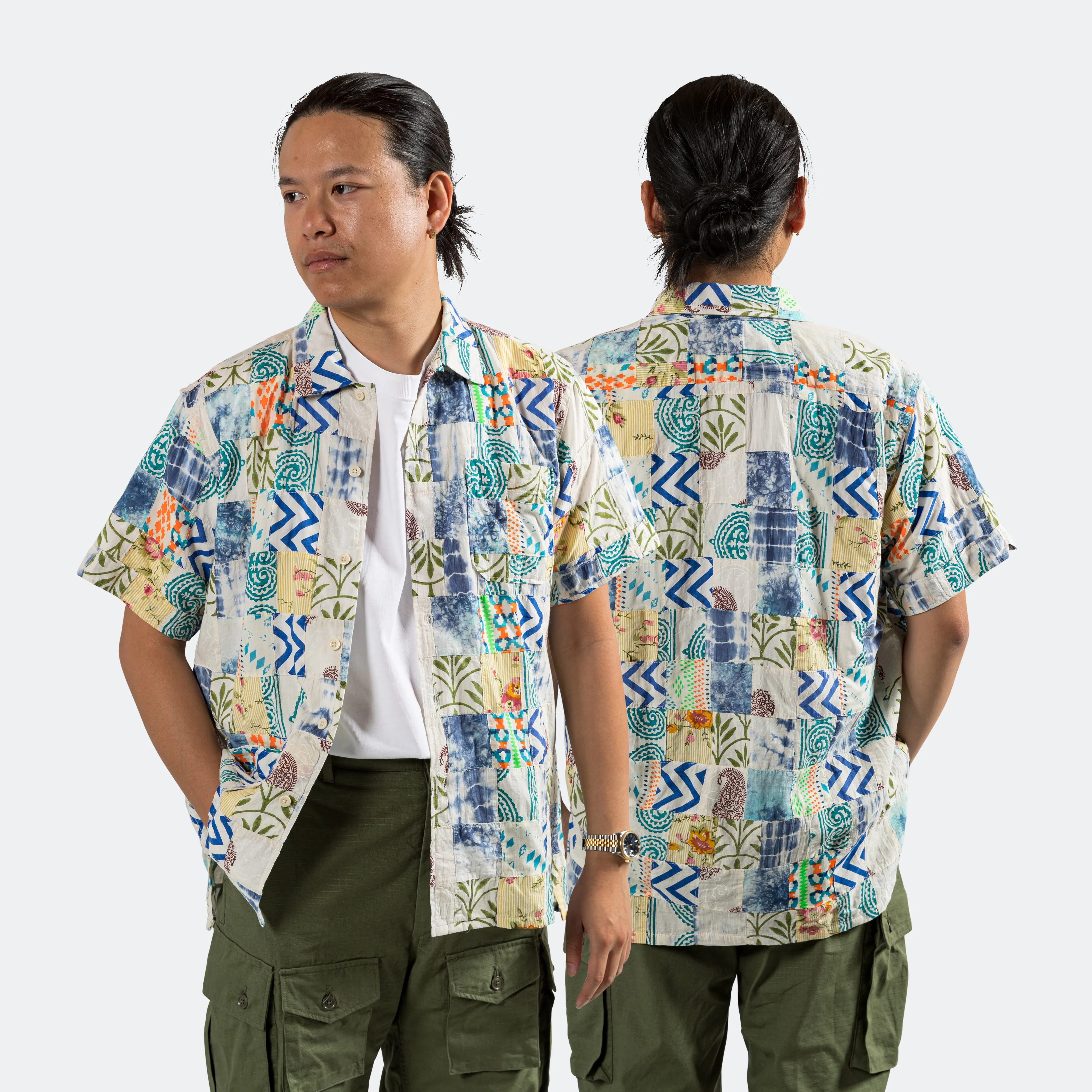 Camp Shirt - White/Blue Ethno Print Patchwork