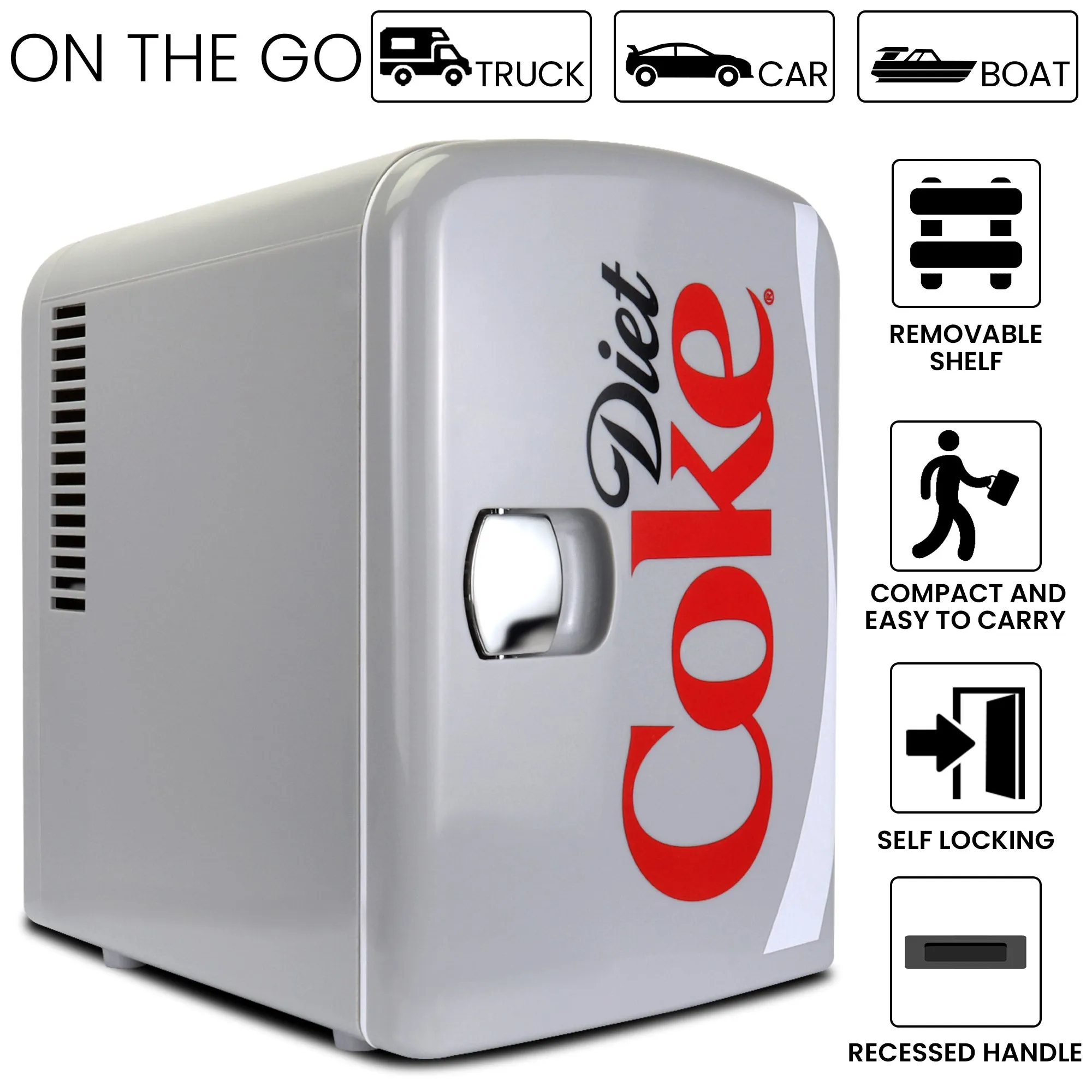 Coca-Cola Diet Coke 4L Cooler/Warmer w/ 12V DC and 110V AC Cords, 6 Can Portable Mini Fridge, Personal Travel Refrigerator for Snacks Lunch Drinks Cosmetics, Desk Home Office Dorm, Gray