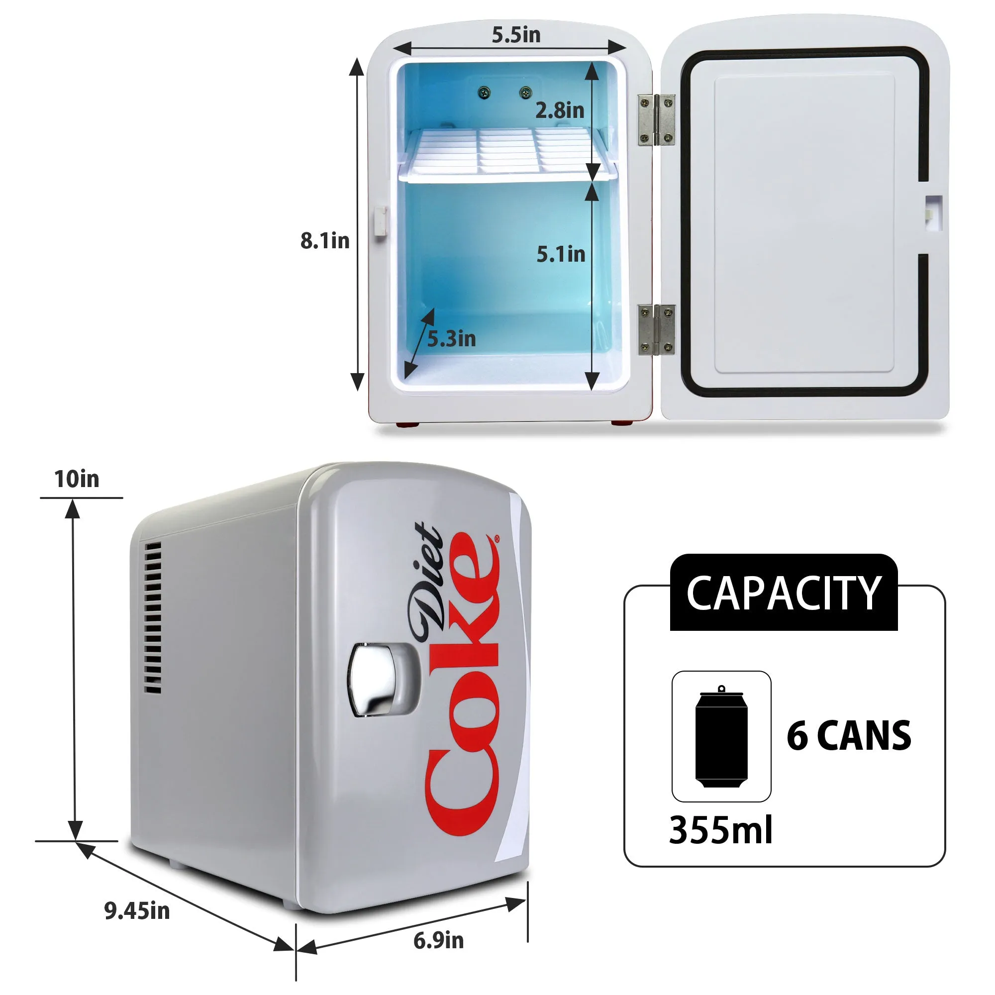 Coca-Cola Diet Coke 4L Cooler/Warmer w/ 12V DC and 110V AC Cords, 6 Can Portable Mini Fridge, Personal Travel Refrigerator for Snacks Lunch Drinks Cosmetics, Desk Home Office Dorm, Gray