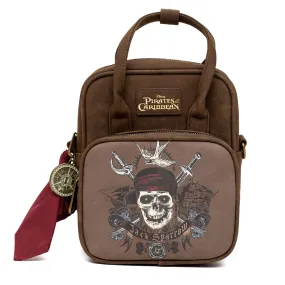 Disney Vegan Leather Cross Body Backpack for Men and Women with Adjustable Strap, Pirates of the Caribbean Jack Sparrow Skull and Swords Brown