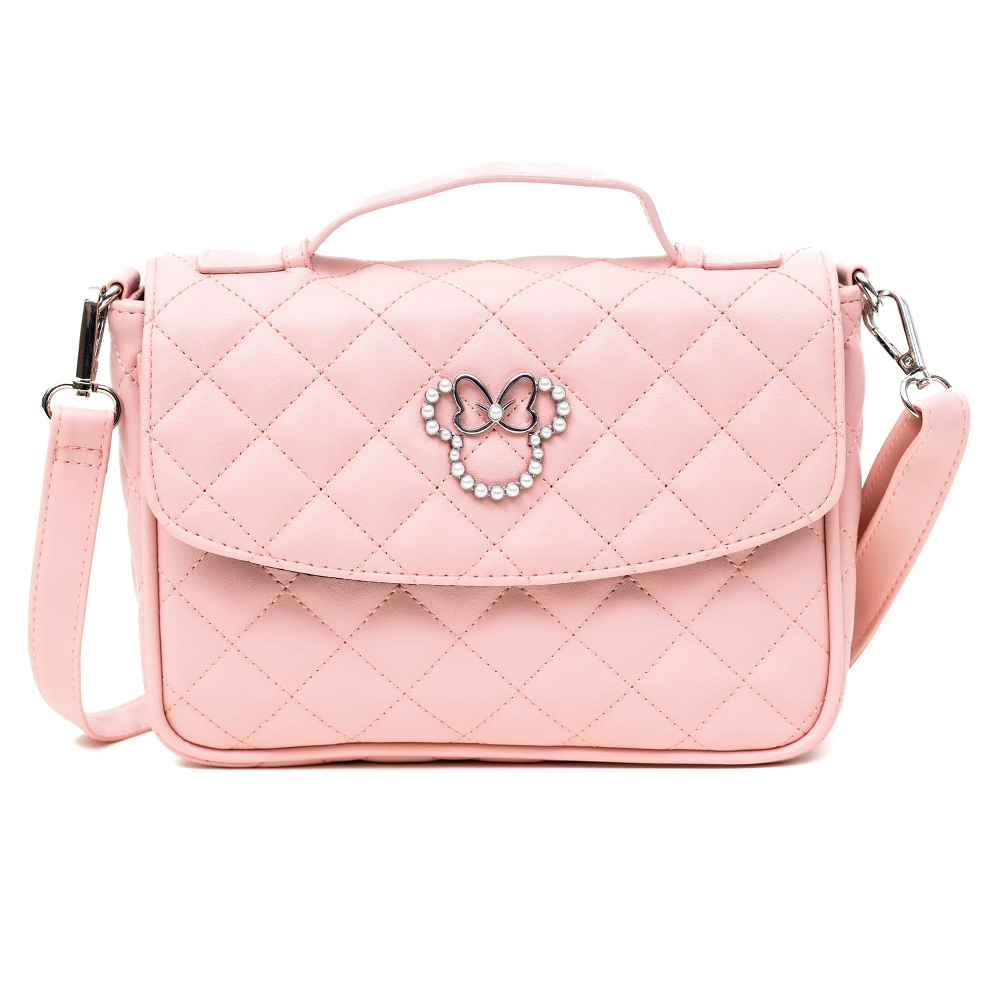 Disney Vegan Leather Fold Over Cross Body Bag for Women, Minnie Mouse Ears and Bow Icon with Mini Faux Pearls, Pink