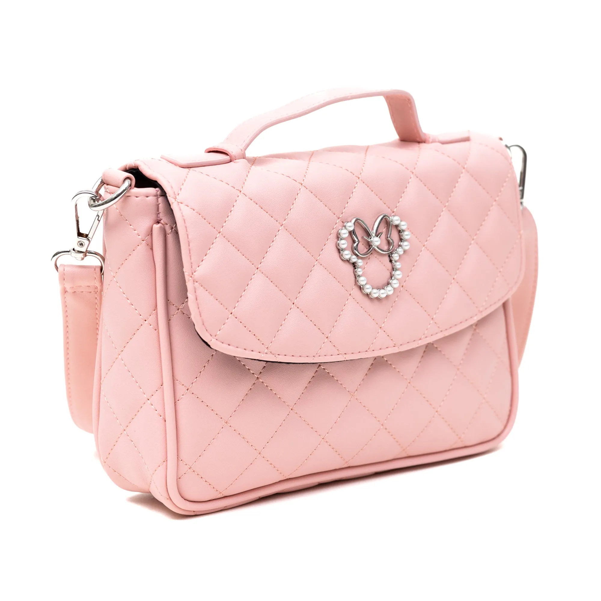 Disney Vegan Leather Fold Over Cross Body Bag for Women, Minnie Mouse Ears and Bow Icon with Mini Faux Pearls, Pink