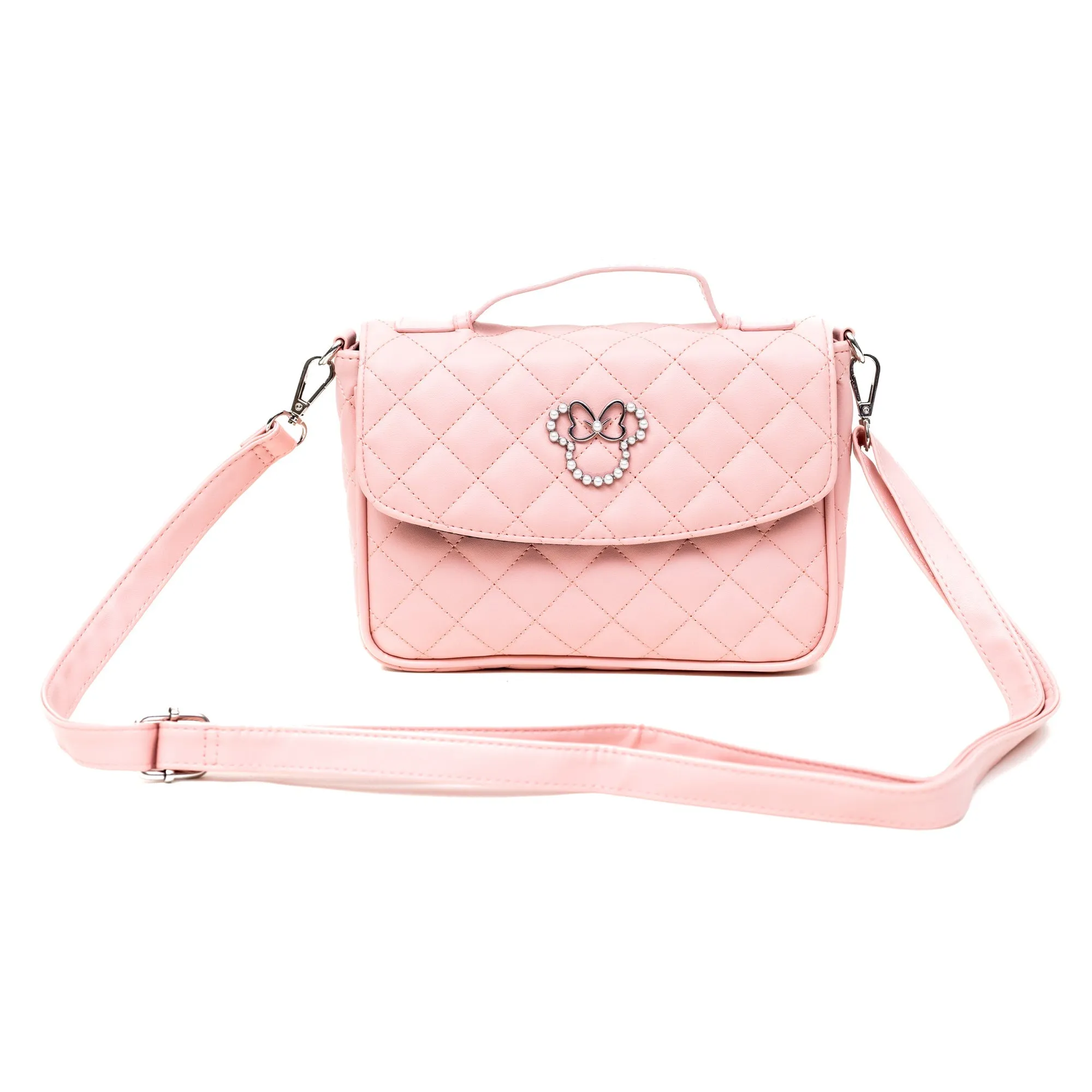 Disney Vegan Leather Fold Over Cross Body Bag for Women, Minnie Mouse Ears and Bow Icon with Mini Faux Pearls, Pink