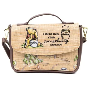 Disney Vegan Leather Fold Over Cross Body Bag for Women, Winnie the Pooh Embroidered Pooh and Friends Pose, Raffia Straw