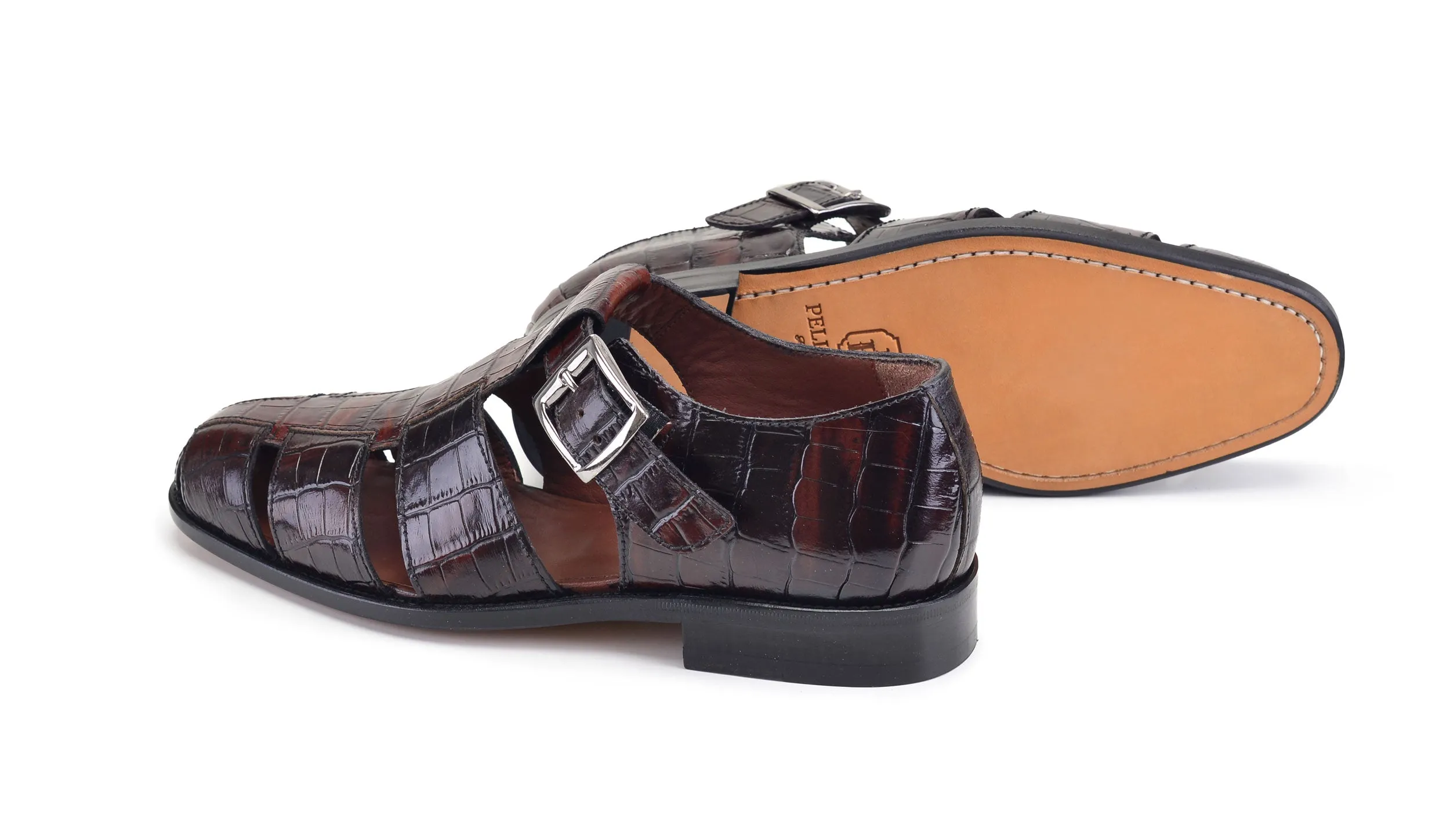 Pelle Crocodile Printed Calfskin Sandal Brown