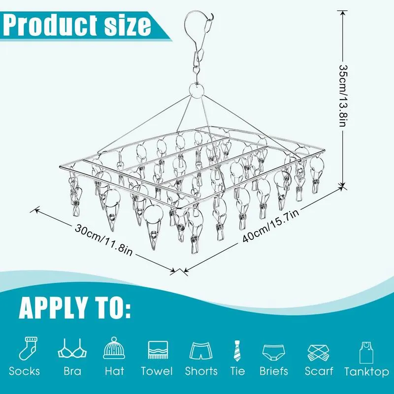 SUS304 Stainless Steel Hanger 36 Clips Peg Heavy Duty Windproof Rust-Proof Laundry Drying Rack Hanging Organiser Balcony