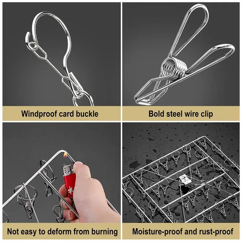 SUS304 Stainless Steel Hanger 36 Clips Peg Heavy Duty Windproof Rust-Proof Laundry Drying Rack Hanging Organiser Balcony