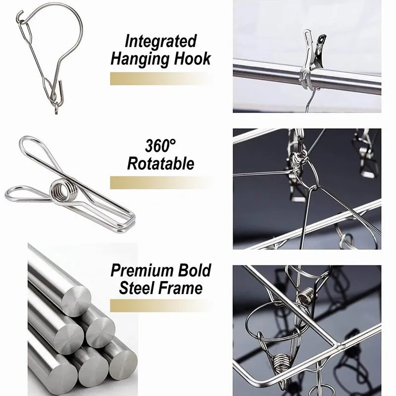 SUS304 Stainless Steel Hanger 36 Clips Peg Heavy Duty Windproof Rust-Proof Laundry Drying Rack Hanging Organiser Balcony